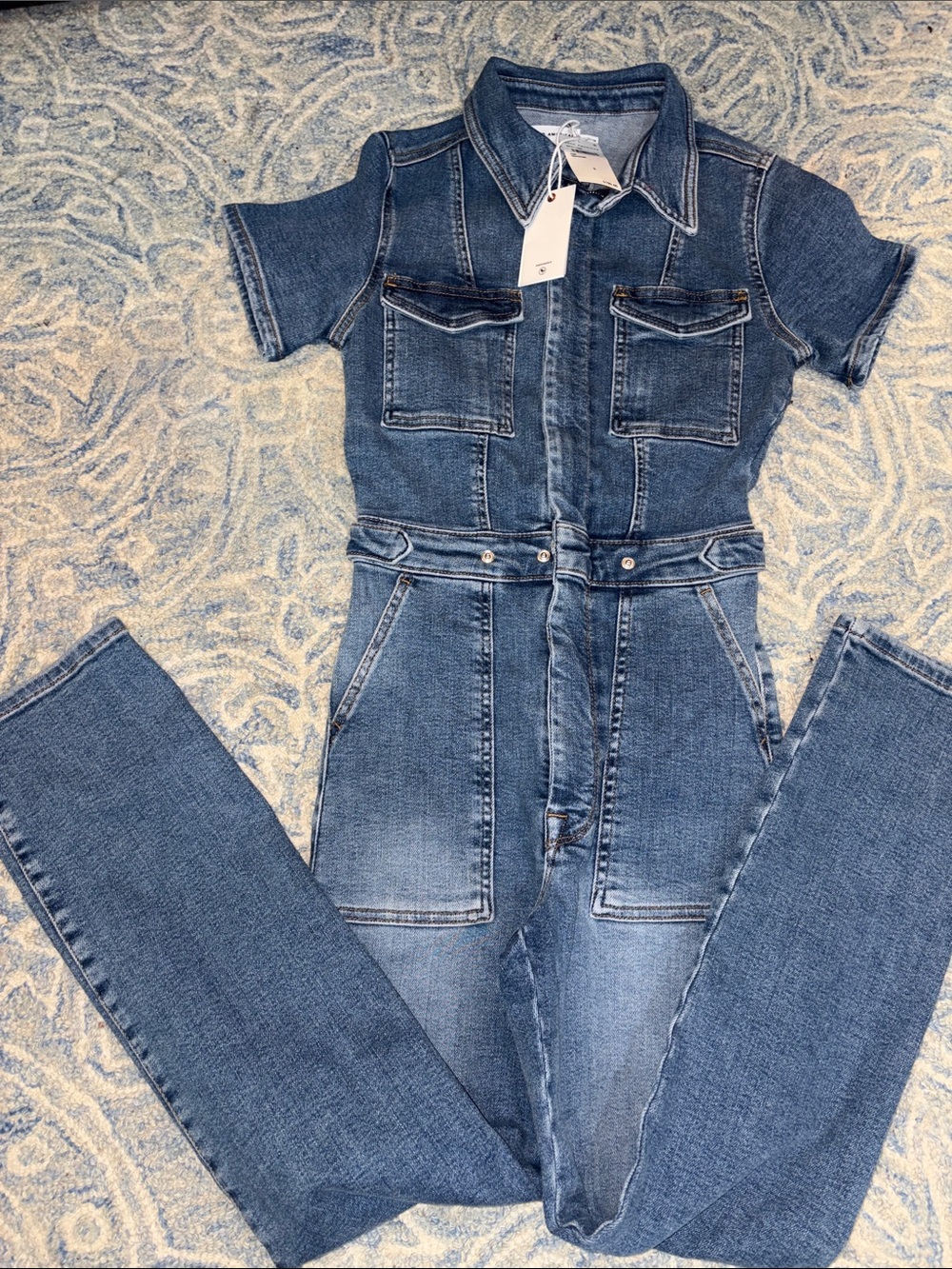 Good American Medium Blue Denim Short-Sleeve Jumpsuit